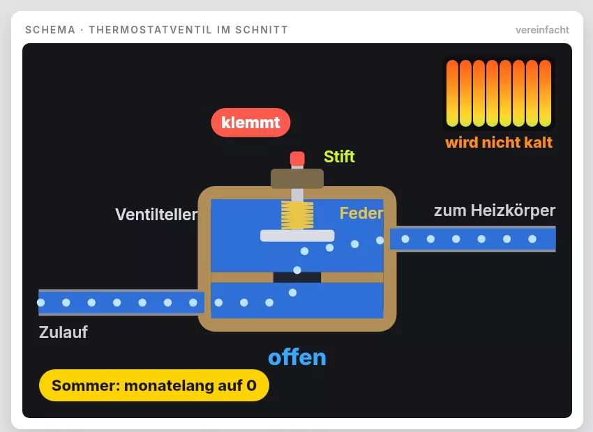 Schema eines Thermostatventils im Schnitt: Stift, Feder, Ventilteller, Zulauf und Abgang zum Heizkörper